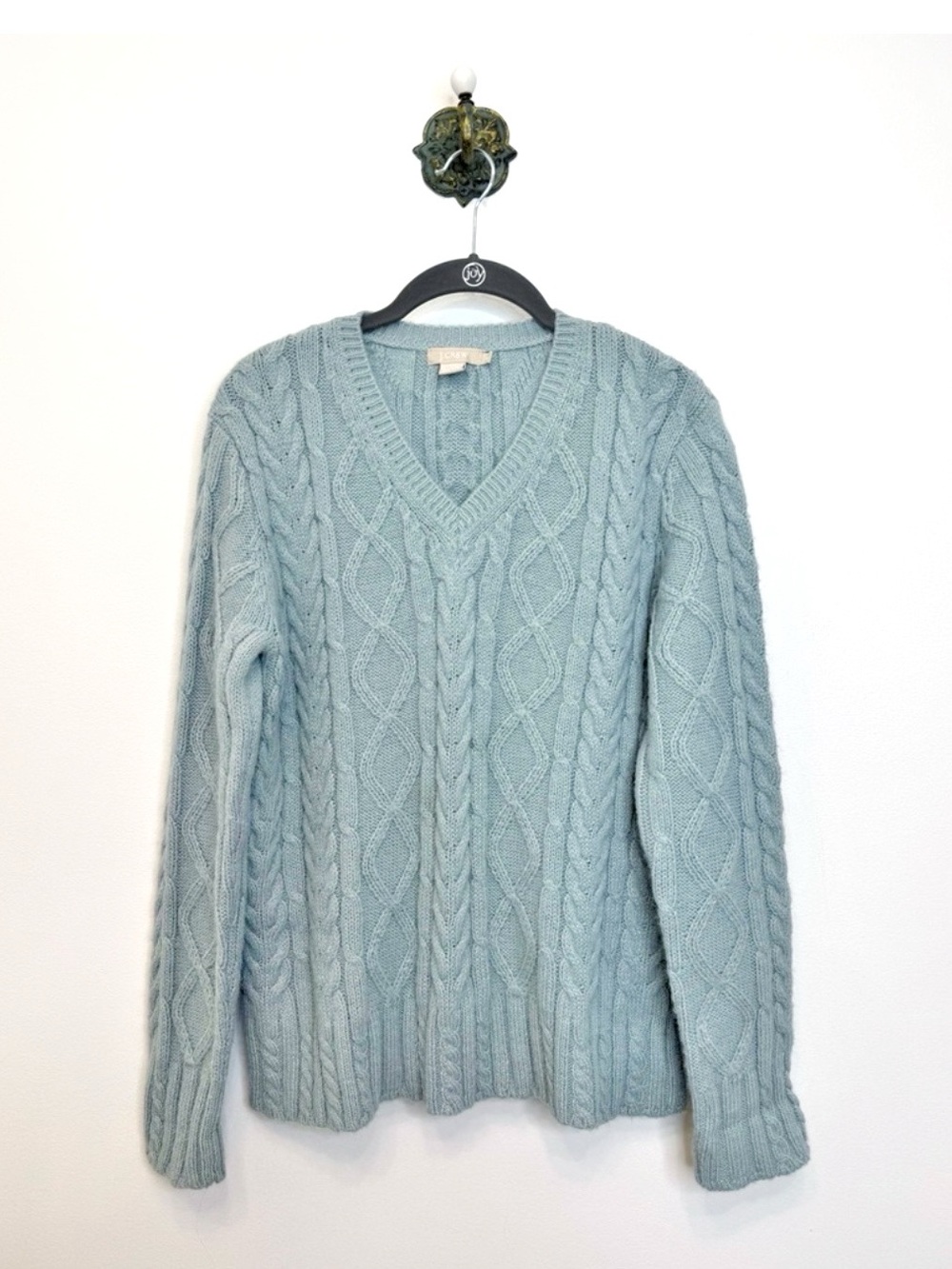 J. Crew Mohair Blue Alpaca Blend Cable Knit Sweater Size Medium V Neck Fisherman